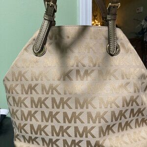 Michael Kors Gold and Tan Monogram Shoulder Bag